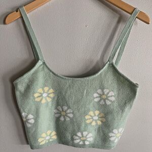 Altar’d State Green Daisy Knit Cropped Sweater Tank Top Boho